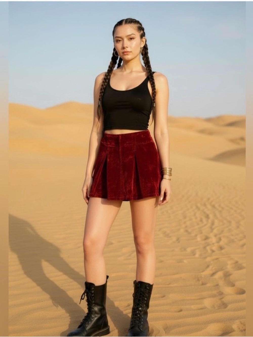 Velvet Pleated Mini Skirt - Deep Red